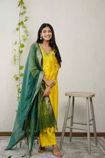 Yellow chanderi embroidered kurta sets