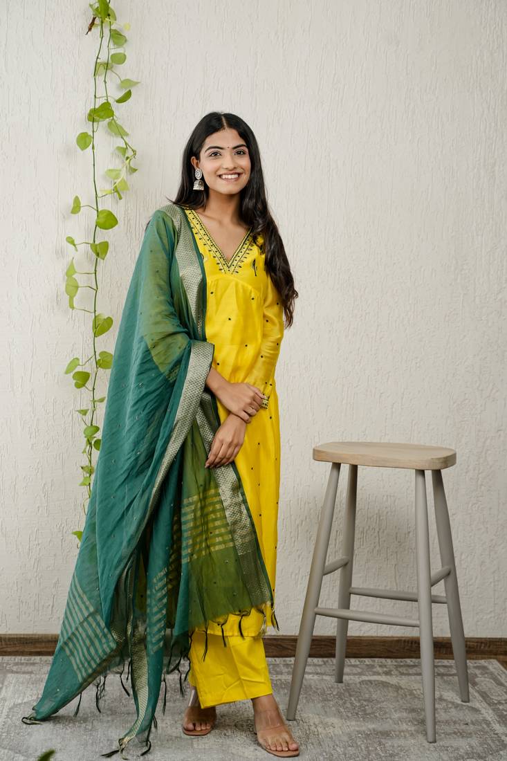 Yellow chanderi embroidered kurta sets