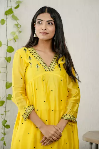 Yellow chanderi embroidered kurta sets