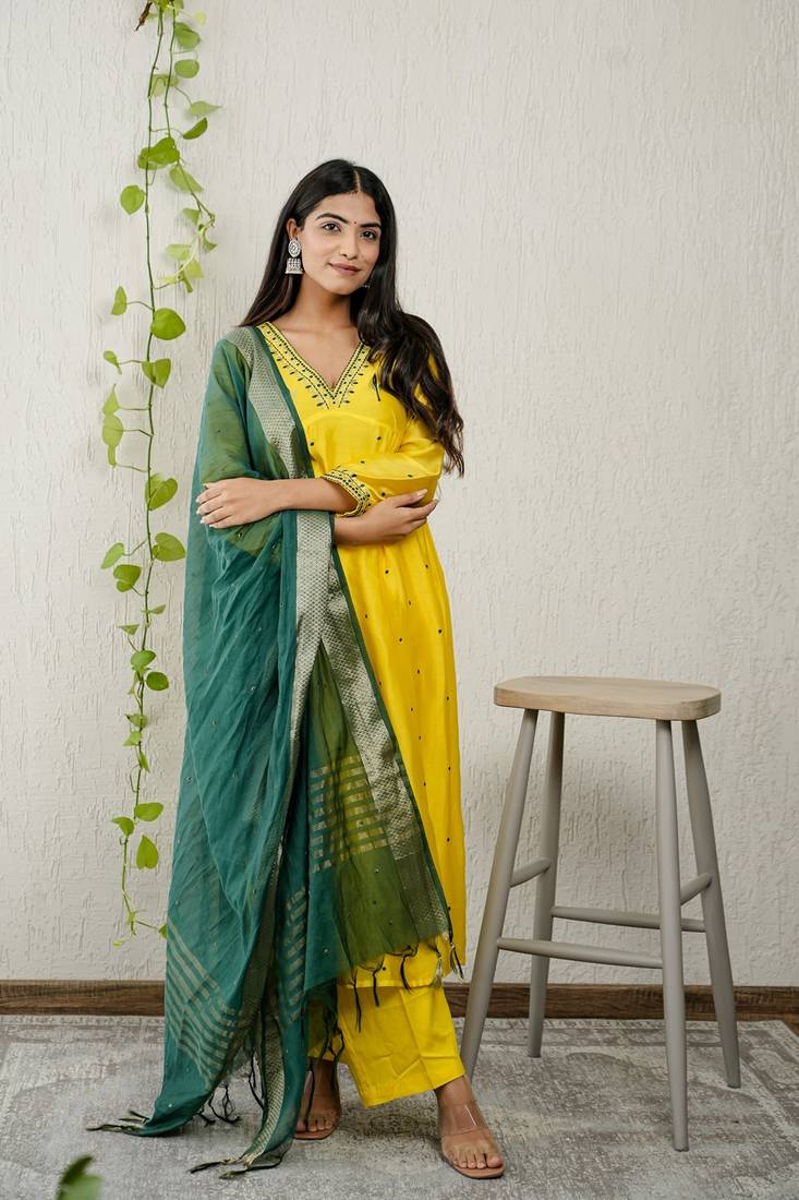 Yellow chanderi embroidered kurta sets