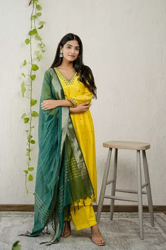 Yellow chanderi embroidered kurta sets