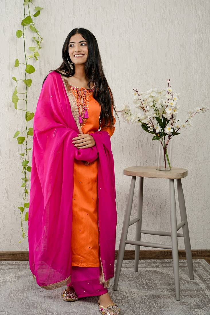 Orange viscose embroidered kurta sets