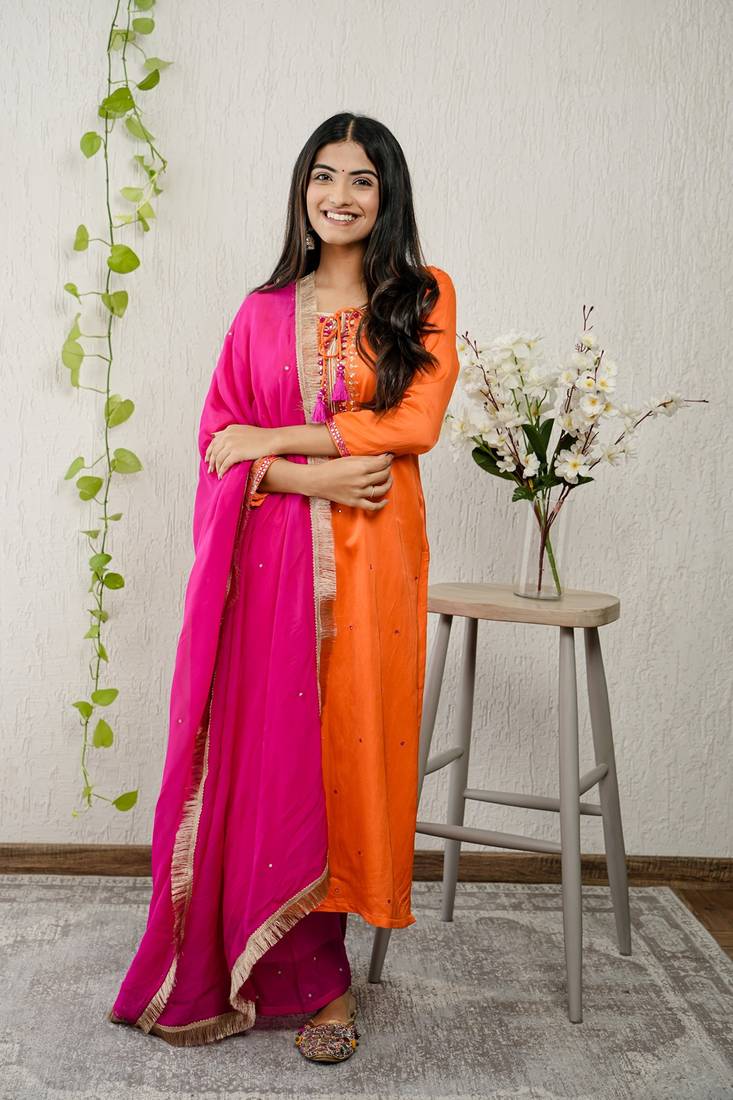 Orange viscose embroidered kurta sets
