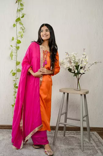 Orange viscose embroidered kurta sets