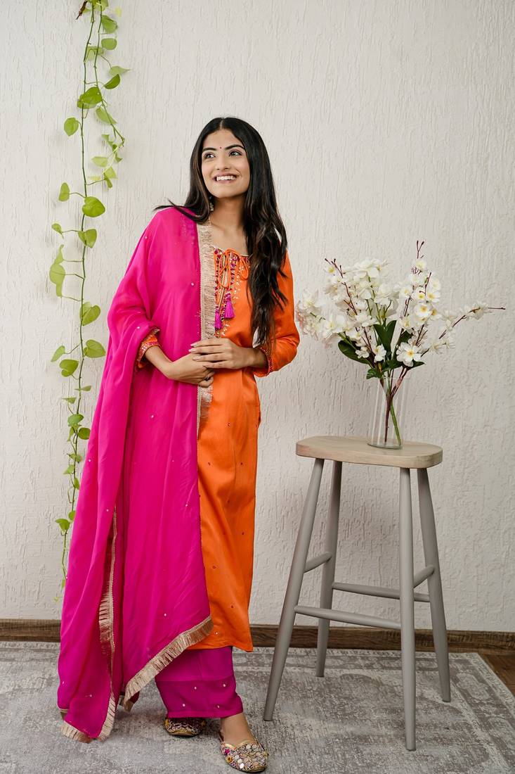 Orange viscose embroidered kurta sets