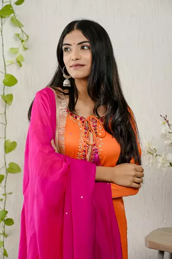 Orange viscose embroidered kurta sets