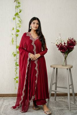 Maroon chiffon embroidered kurta sets 1