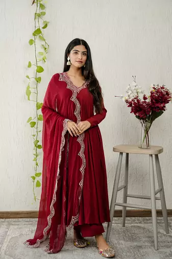Maroon chiffon embroidered kurta sets