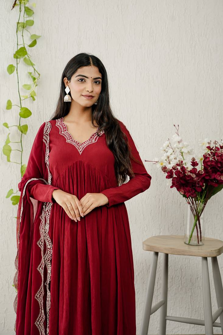 Maroon chiffon embroidered kurta sets