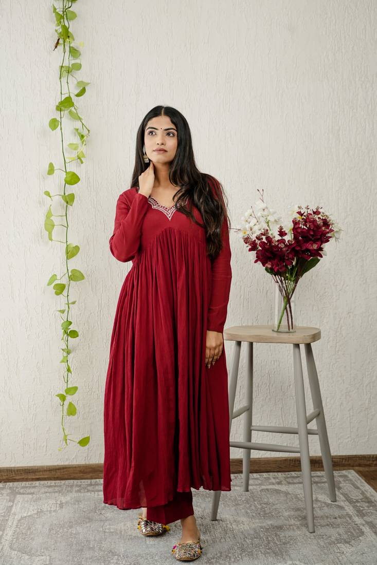 Maroon chiffon embroidered kurta sets