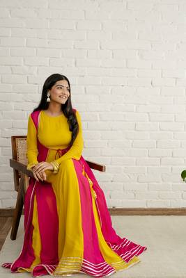 Mustard georgette embroidered kurta sets 4