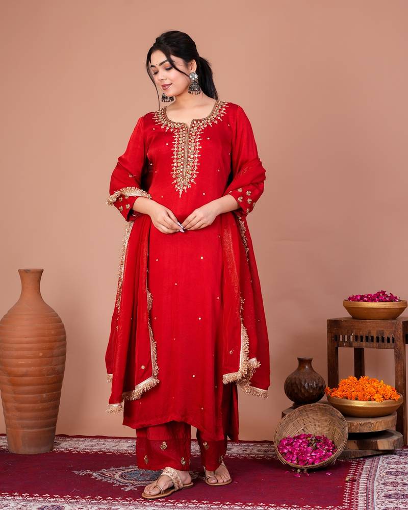Red viscose embroidered kurta sets