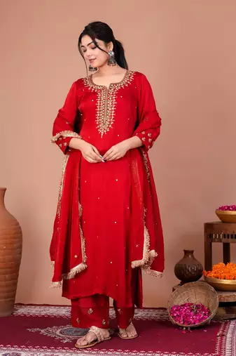 Red viscose embroidered kurta sets