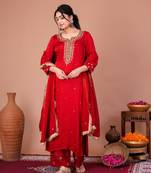 Red viscose embroidered kurta sets