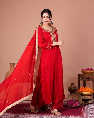 Red viscose embroidered kurta sets 2