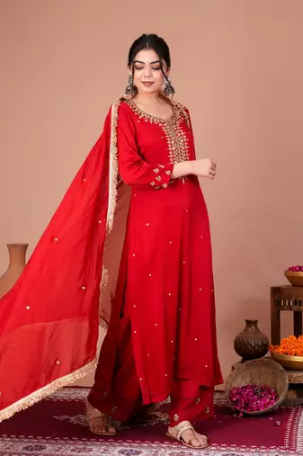 Red viscose embroidered kurta sets