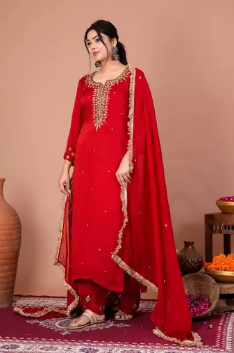 Red viscose embroidered kurta sets