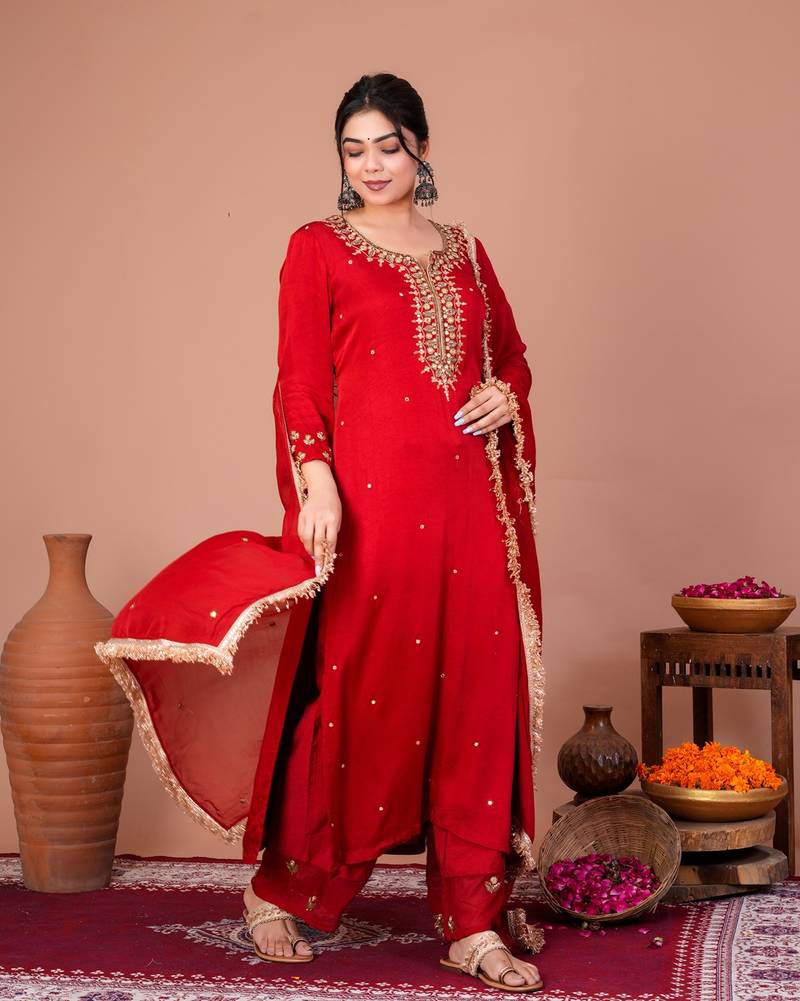 Red viscose embroidered kurta sets
