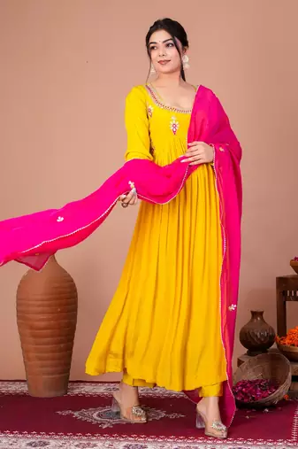 Yellow crepe embroidered kurta sets