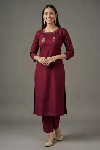 Maroon embroidered rayon kurta set