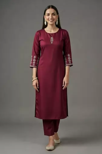 Maroon embroidered rayon kurta set