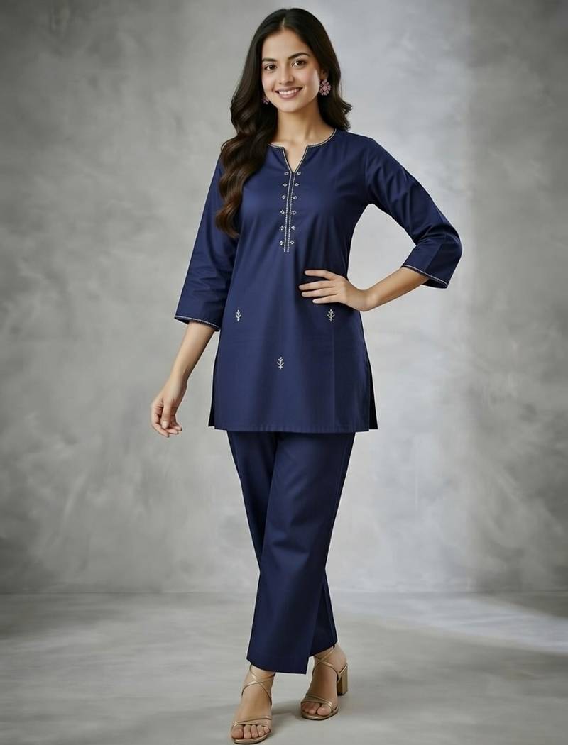 Navy embroidered rayon kurta set