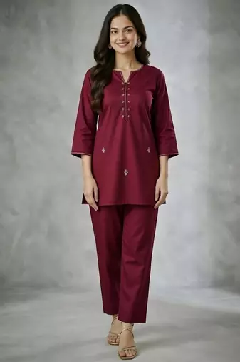 Maroon embroidered rayon kurta set