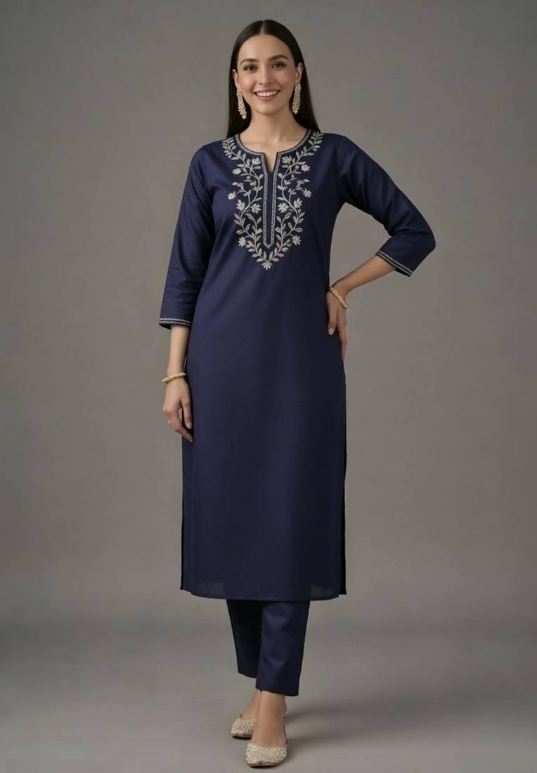 Navy embroidered rayon kurta set