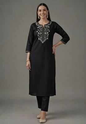 Black embroidered rayon kurta set 3