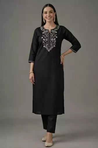 Black embroidered rayon kurta set