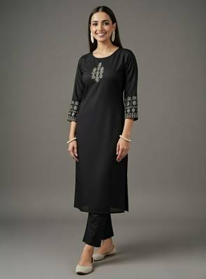 Black embroidered rayon kurta set 3