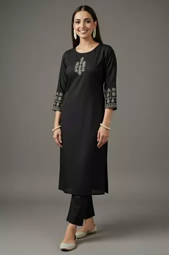 Black embroidered rayon kurta set