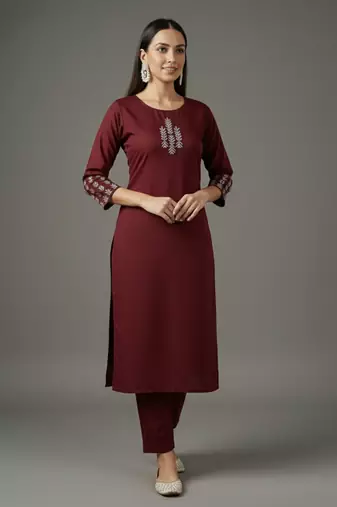 Maroon embroidered rayon kurta set