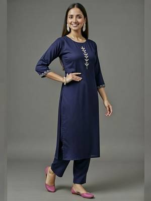Navy embroidered rayon kurta set 3