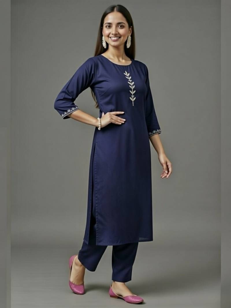 Navy embroidered rayon kurta set