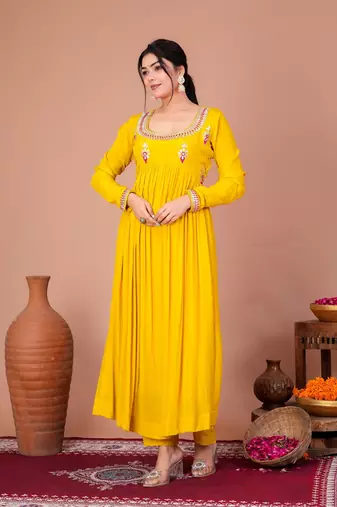 Yellow crepe embroidered kurta sets