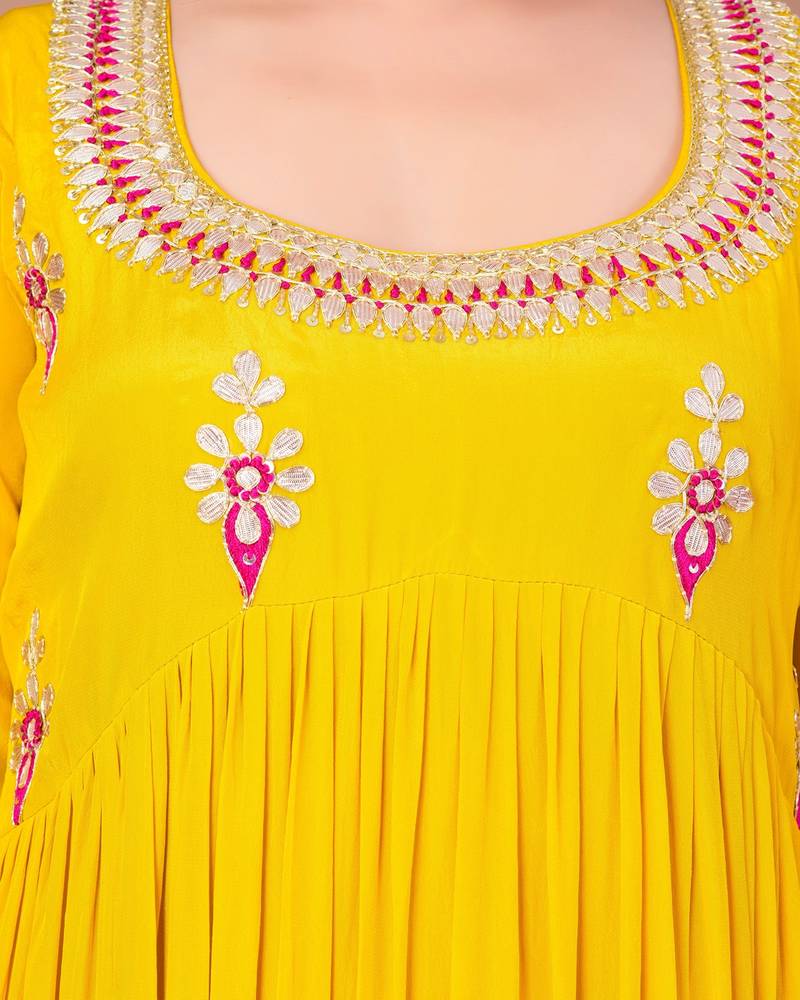 Yellow crepe embroidered kurta sets