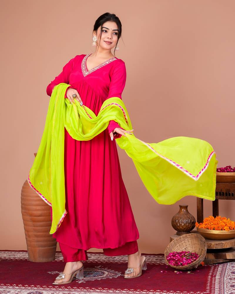 Fuchsia crepe embroidered kurta sets