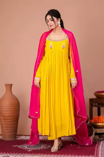 Yellow crepe embroidered kurta sets
