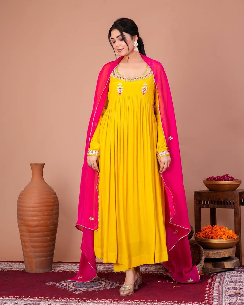 Yellow crepe embroidered kurta sets