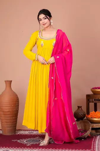 Yellow crepe embroidered kurta sets