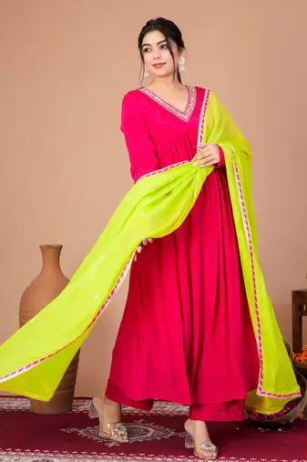 Fuchsia crepe embroidered kurta sets
