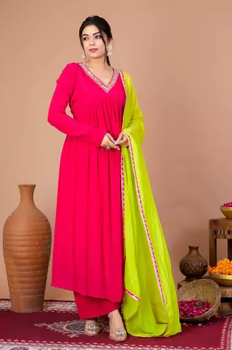 Fuchsia crepe embroidered kurta sets