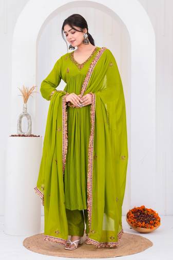 Green chiffon embroidered kurta sets