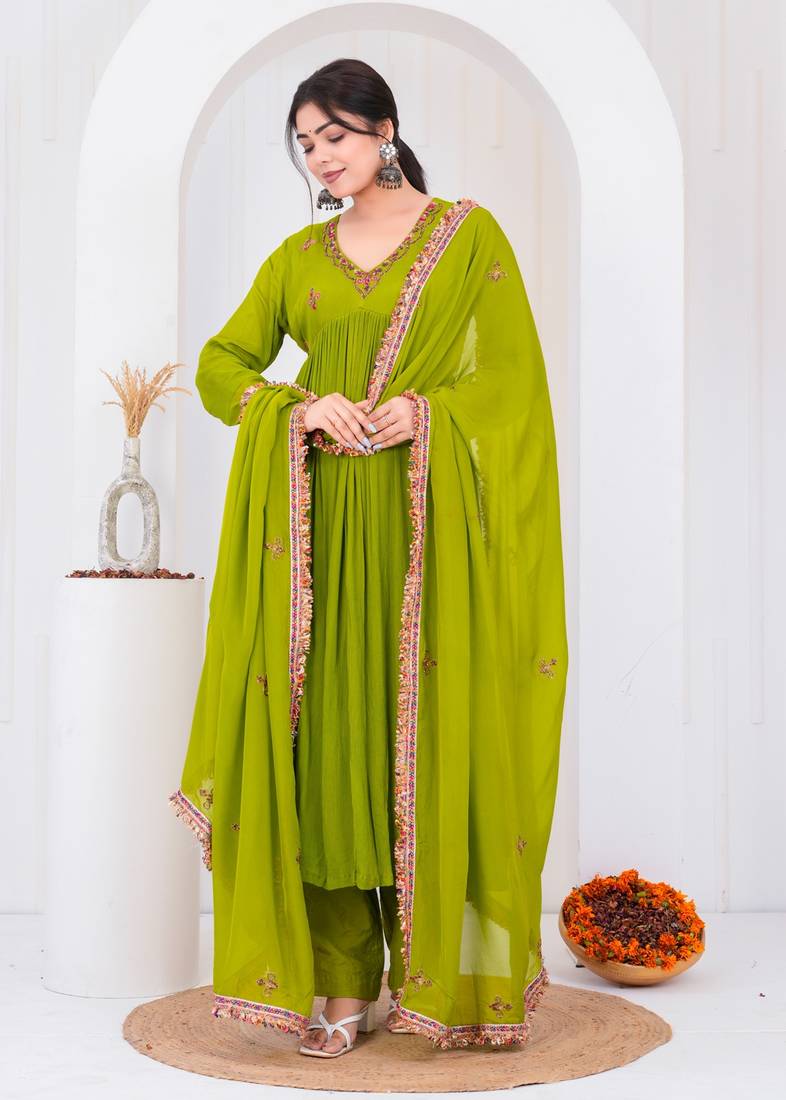 Green chiffon embroidered kurta sets