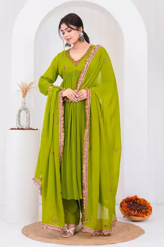 Green chiffon embroidered kurta sets