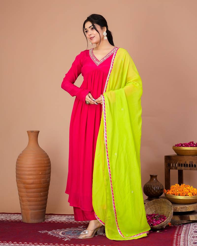 Fuchsia crepe embroidered kurta sets
