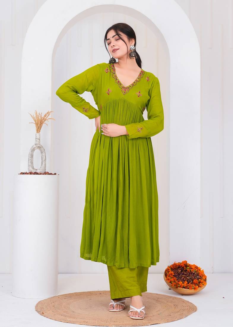 Green chiffon embroidered kurta sets
