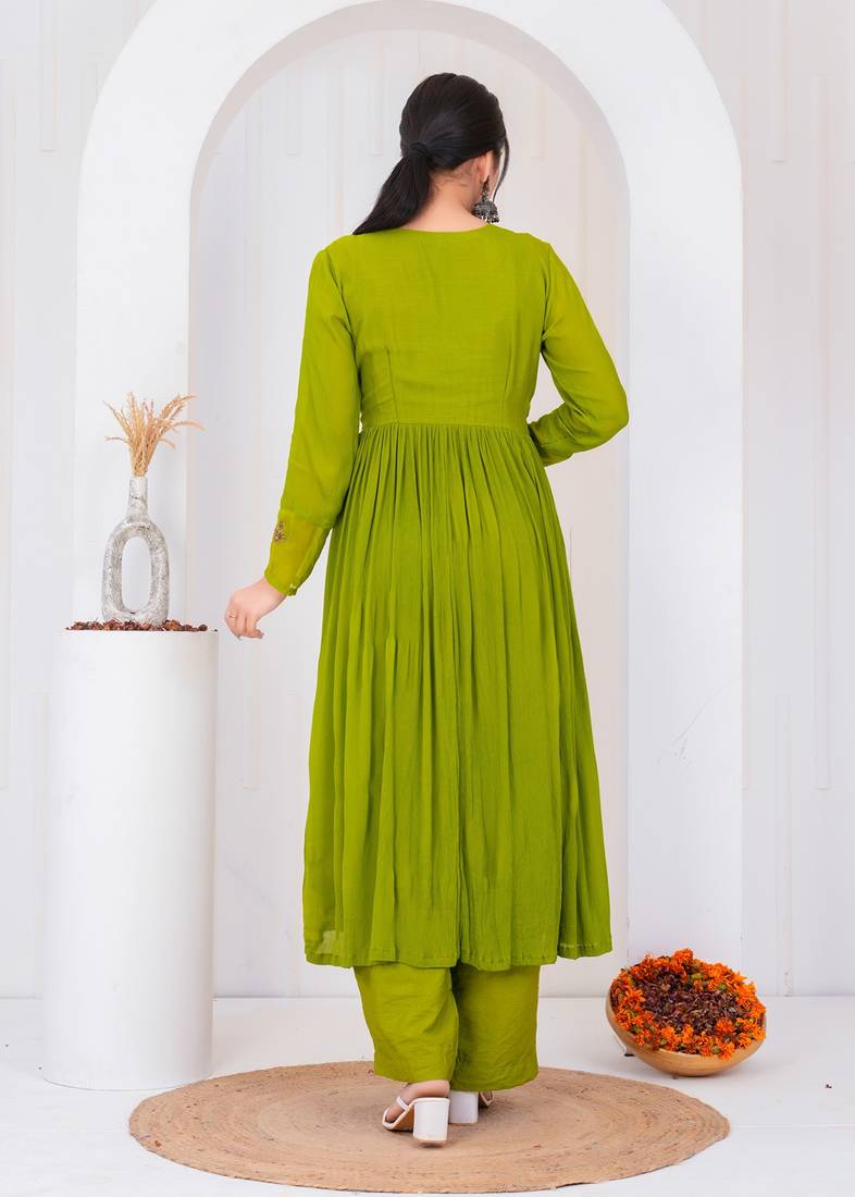 Green chiffon embroidered kurta sets