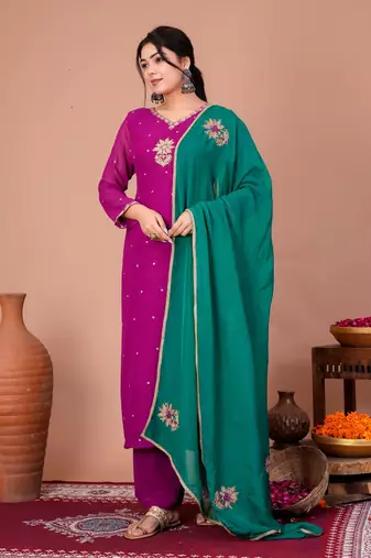 Purple organza embroidered kurta sets